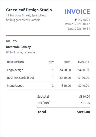 Example invoice with three line items and 10 percent tax