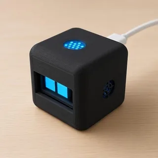 Black cube-shaped desk robot with glowing blue eyes on a wooden desk
