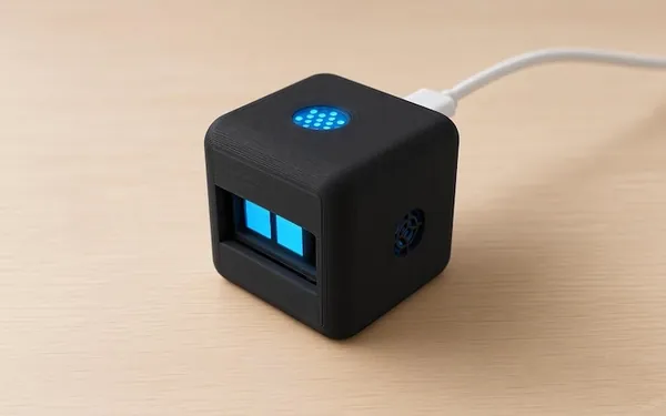 Black cube-shaped desk robot with glowing blue eyes on a wooden desk