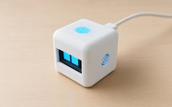 White cube-shaped desk robot with glowing blue eyes on a wooden desk