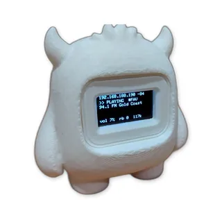 White yeti-shaped internet radio with a small screen showing the station playing