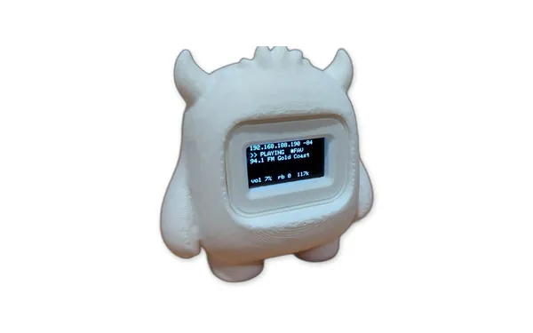 White yeti-shaped internet radio with a small screen showing the station playing